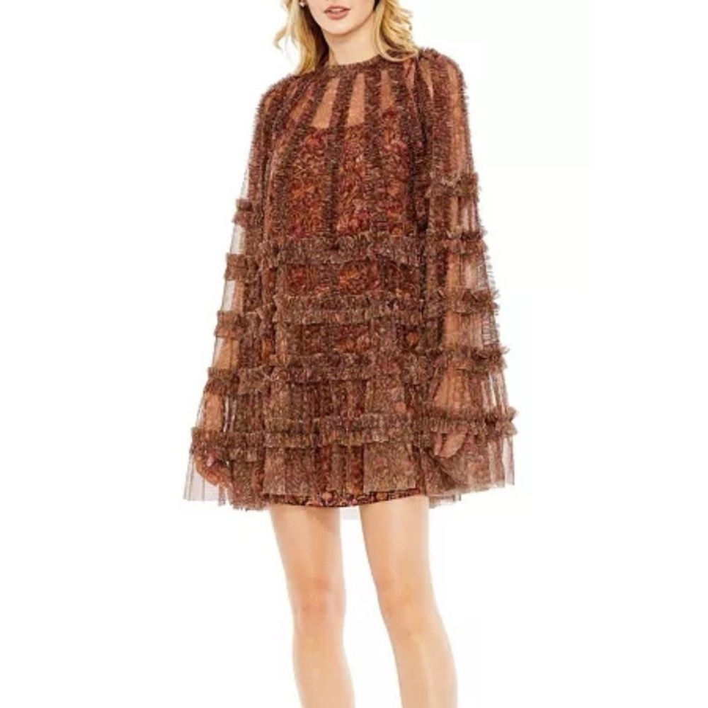 Mac Duggal Floral Print Long Flare Sleeve Mesh Ruffle Tiered A-Line Dress 8 fall